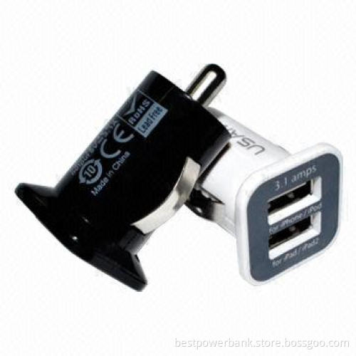 Mini Dual-USB In-car Chargers for iPhone, iPad, Samsung Galaxy and HTC, 12-24V DC Input